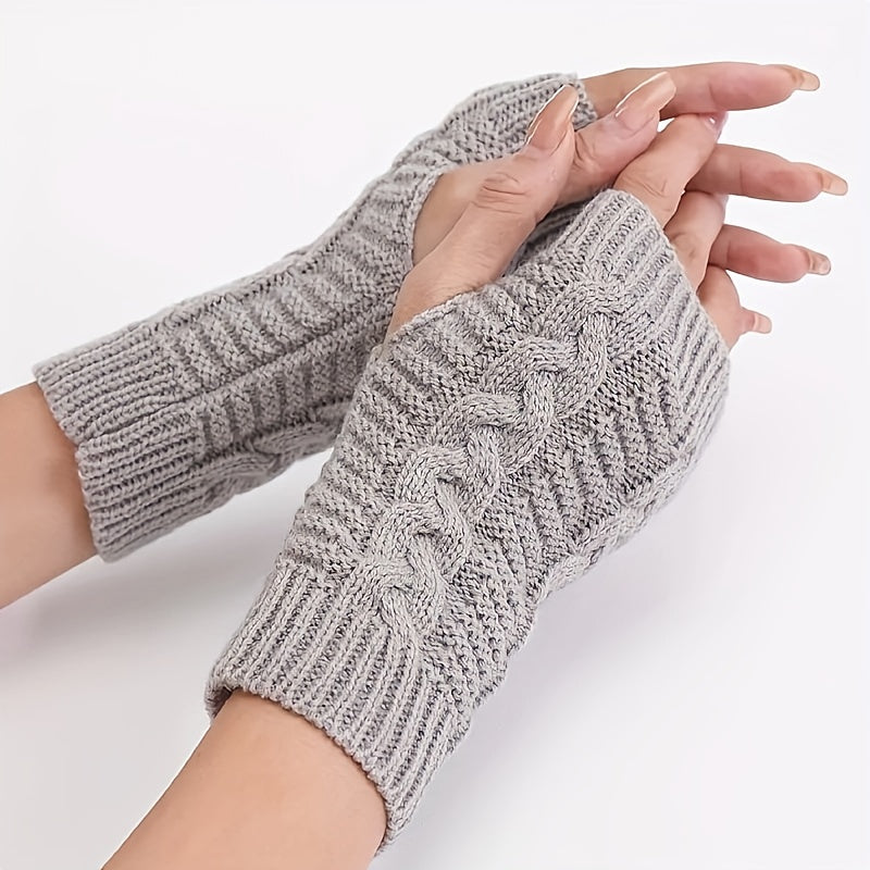 Women'S Cable Knit Fingerless Mittens, Polyester, Solid Color, Elastic, Non-Feathered, with Hand Washable, for Outdoor Warmth, Fashionable Winter Hand Warmers